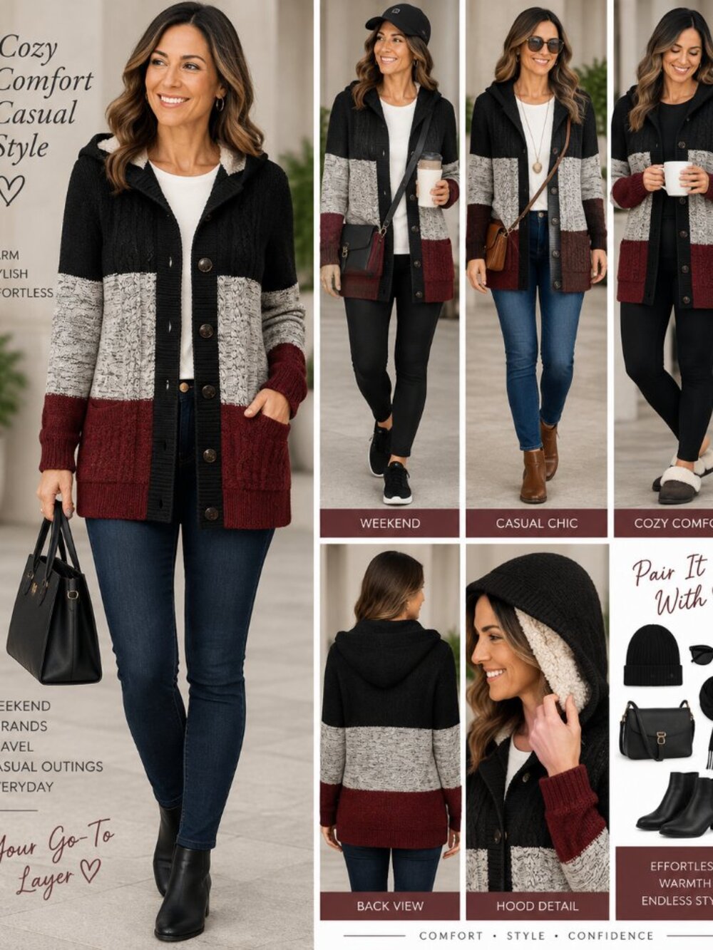 Old Navy Hooded Colorblock Cardigan Black Gray Burgundy